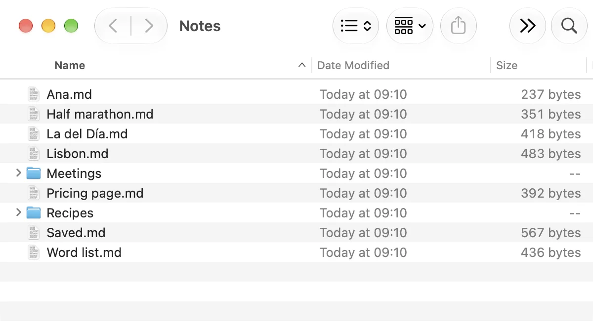 Karu's folder in the Finder: days and notes as Markdown files.