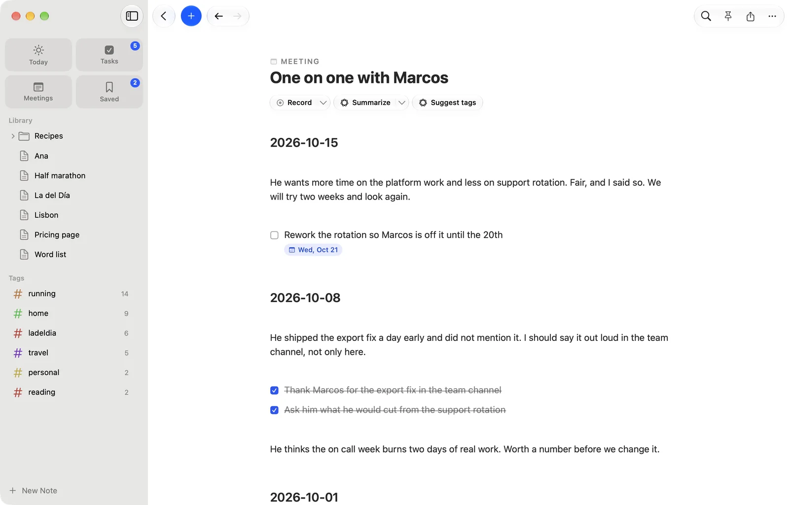 A recurring meeting on the Mac, with the notes of each time it happened.