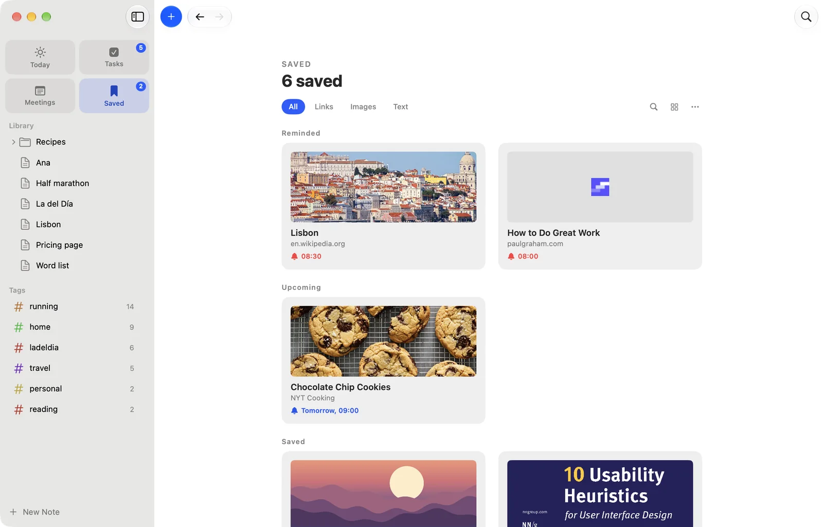 Saved on the Mac as cards: what reminded you, what comes back tomorrow, and the rest.