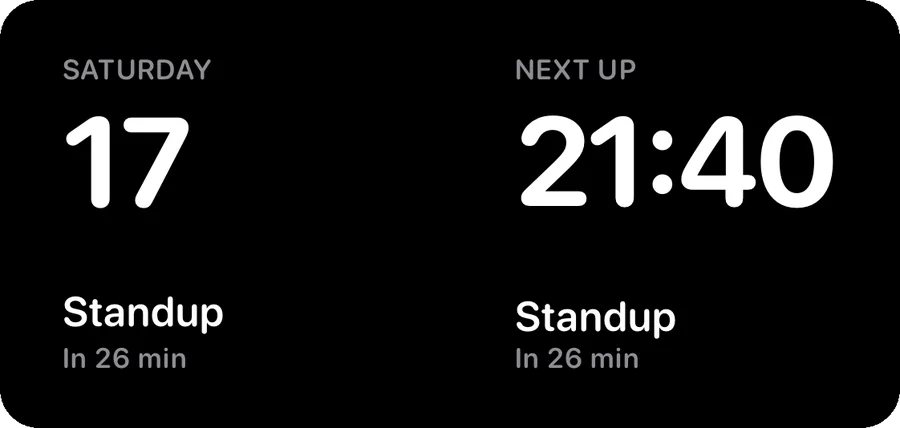 StandBy by day: the date and the next meeting, in large type.